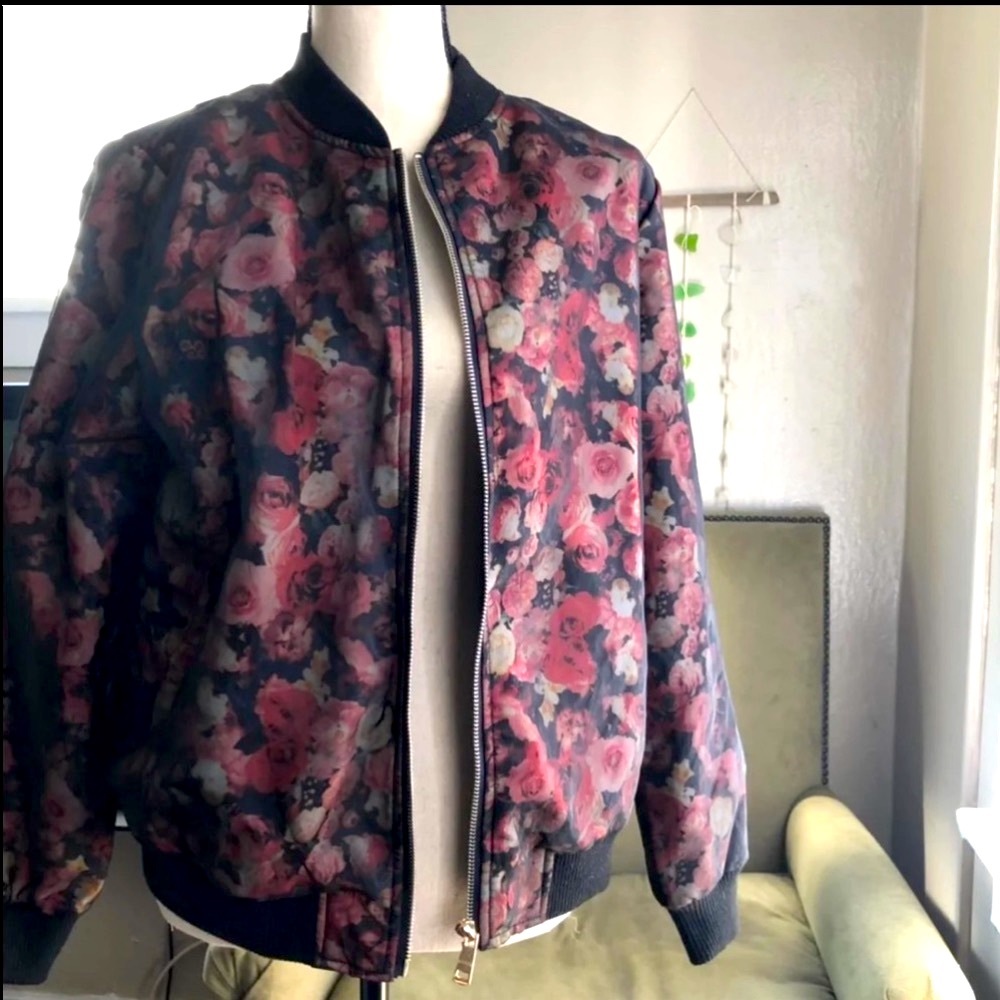 Katsumi Floral Bomber Jacket Dark Rose Print Lightweight Size 12